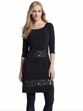 White House Black Market Sequin Beaded Sheath Dress Black 3/4 Sleeve Cocktail